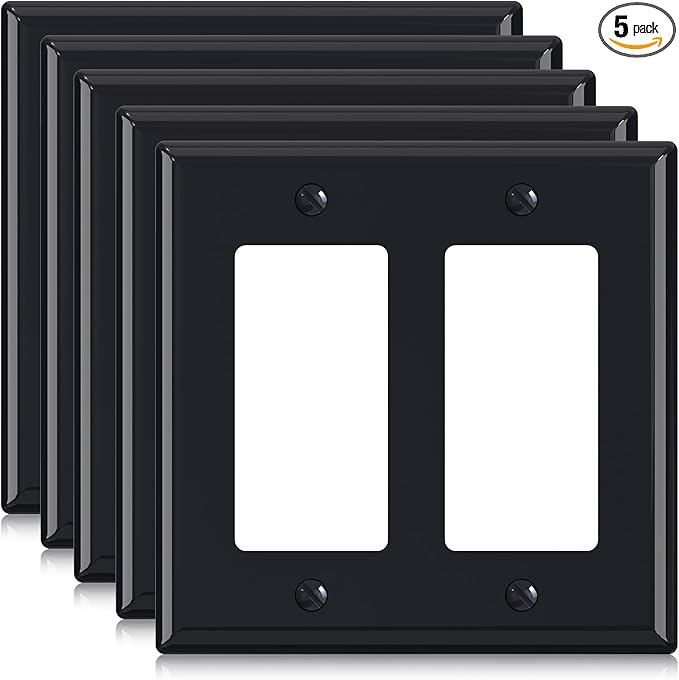 ELEGRP 2-Gang Decorative Wall Plates, Standard Size 4.53" H x 4.57" L Unbreakable Thermoplastic Faceplate Cover for Decorator Receptacle Outlet Switch, UL Listed (5 Pack, Glossy Black)
