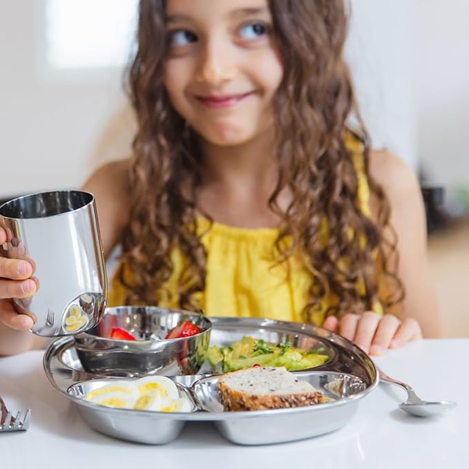 Ahimsa Stainless Steel Plates For Kids, Pediatrician Designed Divided Plates for Toddlers & Baby, Non Toxic, Unbreakable & Dishwasher Safe, Set of 4