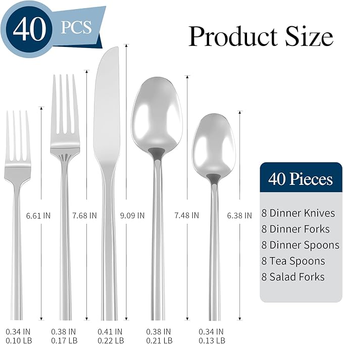 Silverware Set 40-Piece Hand Forged Stainless Steel Cutlery, Mirror Silver Thick Hexagon Handle Flatware Sets, Service for 8