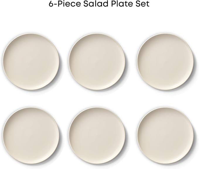 JoyJolt Mesa Stoneware Salad Plates, 8" Round Lunch Plates, Dishwasher and Microwave Safe Plate Set of 6, Modern Rustic Dinnerware, Appetizer Dessert Dinner Sides Kitchen Dishes - Matte White (Linen)
