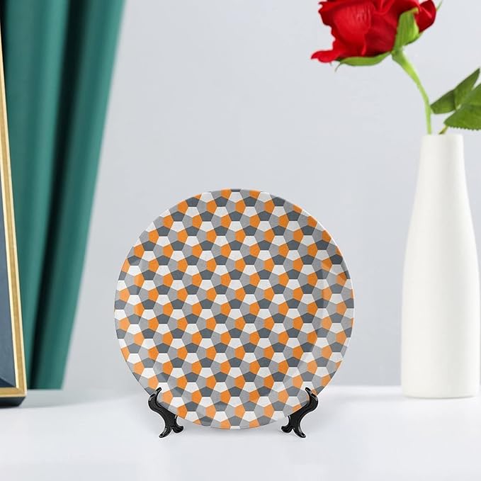 Ceramic Display Plate, Abstract Ceramic Hanging Decorative Plate, Modern Style Mosaic Tile with Hexagonal Shapes, 7 Inch, Living Room Kitchen Decoration Household, Grey Charcoal Grey Orange