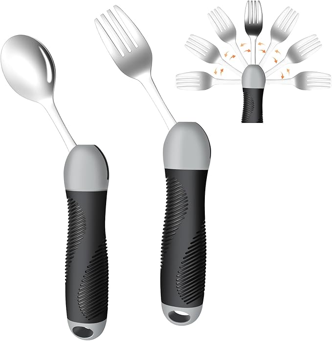 Weighted & Swivel Adaptive Utensils for Hand Tremors,Parkinson‘s - Comfort Grip Silverware Set, Eating Aids for Arthritis, Elderly & Weak Hands (Spoon & Fork)