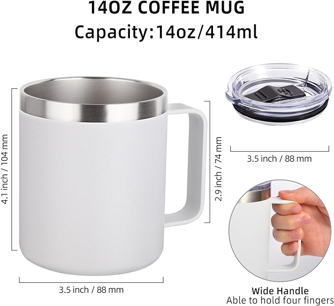 Volhoply 14oz Insulated Stainless Steel Coffee Mug with Lid Bulk 2 Pack,Double Wall Vacuum Travel Coffee Cup with Handle,Reusable Cups Tumbler Cup,Camping Mugs Keep Hot,Ideal Gifts(Assorted,2)