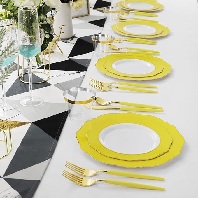 WDF 150pieces Yellow Disposable Dinnerware Hign-end Baroque Design - Sturdy&Durable Baroque Yellow Sunshine&Gold Plastic Dinnerware for Upscale Wedding & Thanksgiving Parties