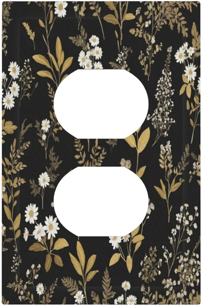 Outlet Covers Black/Gold Boho Botanical Floral Rustic Flowers 1 Gang Duplex Light Switch Cover Plate Decorative Wall Plates Electrical Switchplate Receptacle for Bathroom Kitchen Decor（2 Pack）