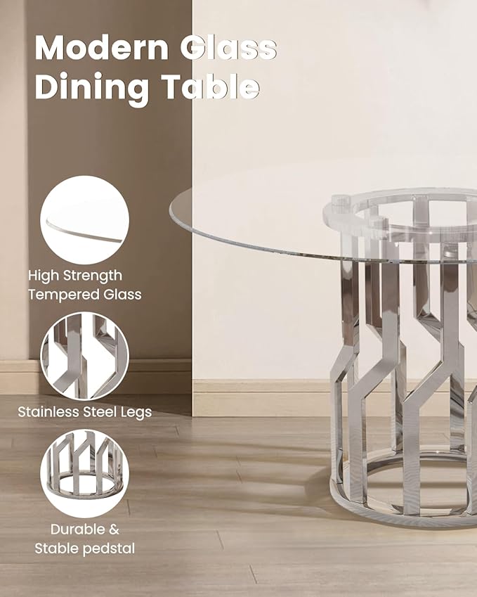 47.2" Round Glass Dining Table Set for 4, Modern 5 Piece Kitchen Table Set with Silver Stainless Steel Base & 4 PU Leather Accent Chairs, Saving Space, Dining Set for Apartment, Home - White Chair