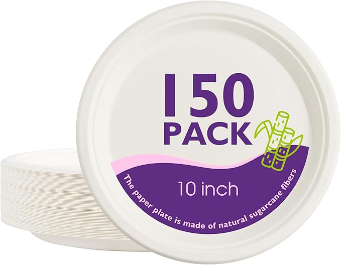 Compostable Paper Plates 10 Inch 150 Pack, Biodegradable Disposable Plates Heavy Duty White Plates, Made of Natural Sugarcane Bagasse, Unbleached Round Dinner Plates