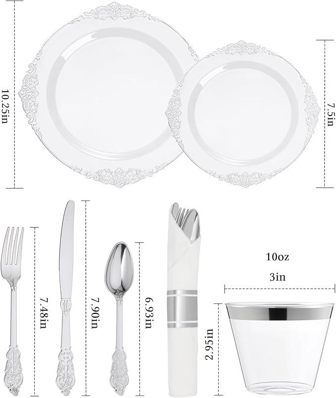Goodluck 350 Piece Silver Plastic Dinnerware Set for 50 Guests, Fancy Disposable Plates, Include: 100 Silver Rim Plastic Plates, 150 Silverwares, 50 Pre Rolled Napkins, 50 Cups for Party, Wedding