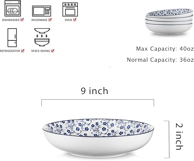 Selamica Porcelain 40oz Large Serving Bowls 9 inch Big Pasta Bowls Set of 4 for Eating, Microwave and Oven Safe, Vintage Blue
