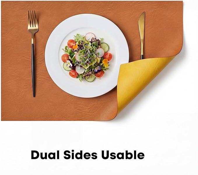 Artoid Mode Rust Faux Leather Placemats Set of 4, 12x18 Inch Waterproof Wipeable Heat Resistant Vinyl Place Mats, Reversible Table Mats for Fall Kitchen Dining Decor