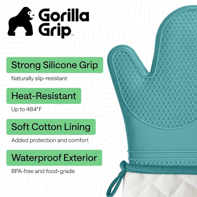 GORILLA GRIP BPA-Free Soft Silicone Oven Mitts, Heat Resistant and Waterproof Cooking Gloves, Thick Cotton Lining, Flexible Gripping for Baking Grilling, Kitchen Potholders Set, 12.5x8.3, Turquoise