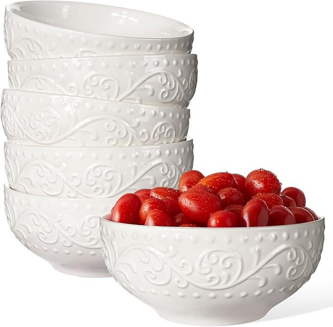 Artena Cereal Bowls 26 OZ, Ceramic Soup Bowls For Kitchen, Embossment Bowls For Rice Pasta Salad, White Bowls For Breakfast Lunch Dinner, 6 Inch, Set Of 6, Dishwasher & Microwave Safe, Lianas