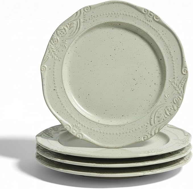 salad plates set of 4, 10.5 inch Reactive Glaze Stoneware Dinner Dish Set for Dessert, Salad, Appetizer, platos de ceramica Dishwasher & Oven Safe, Scratch Resistant-Sesame White