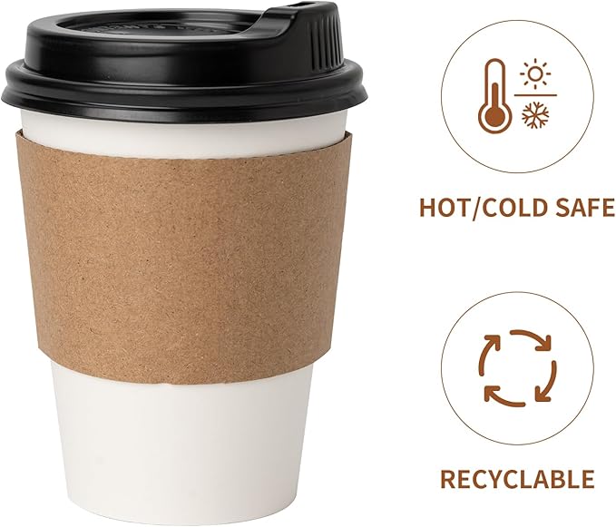 RACETOP 12 oz 100 Pack Disposable Paper Coffee Cups with Lids and Sleeves, Hot Cups, Paper Cups with Lids, Ideal for Home/Office