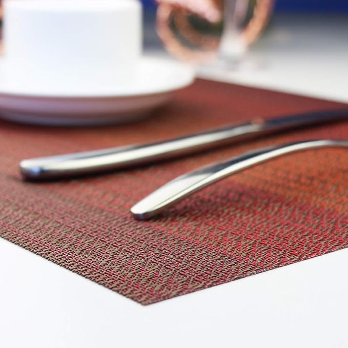 Placemats Washable Easy to Clean PVC Placemat for Kitchen Table Heat-resistand Woven Vinyl Hard Table Mats 12x18 inches Set of 4 (Red)