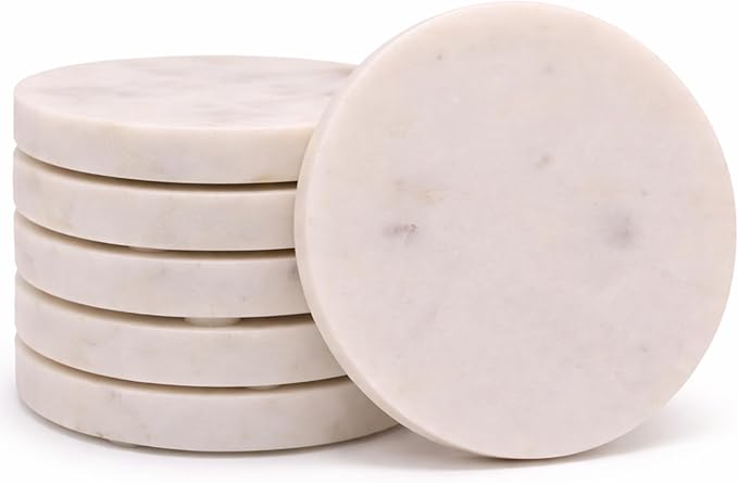 White Coasters Marble for Drink. Polished Coaster. Protection from Drink Rings. Perfect Handmade Stone Coaster for Gift. Home and Living Table Decor. Set of 6