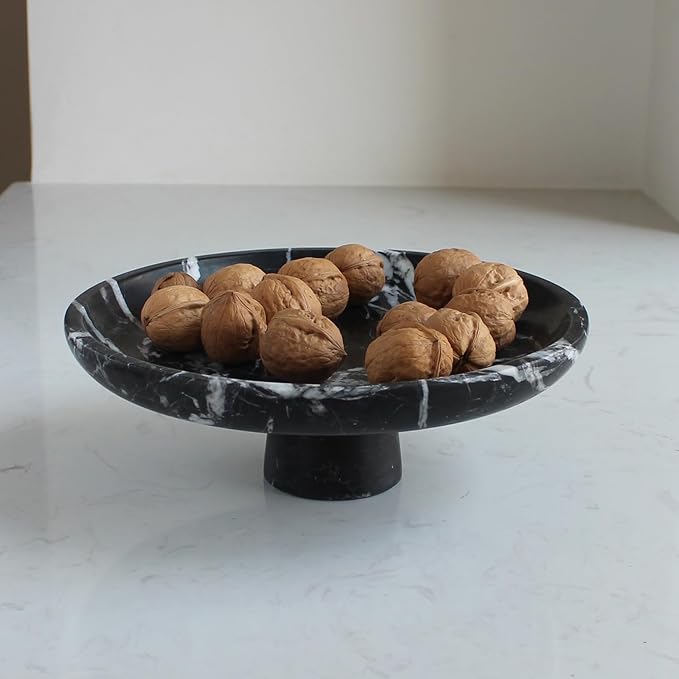 Natural Black Marble Fruit Bowl for Kitchen Counter 10.2", Large Decorative Bowl Pedestal for Home Decor, Fruits Holder For Dining Table - Kitchen Organization