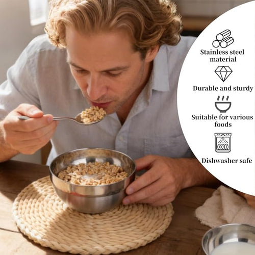 4pcs stainless Steel Bowls Set，5.1Inches Double Walled Insulated Large Serving Rice Cereal Salad noodle， 500ml Unbreakable Deep Bowl for kitchen Restaurant