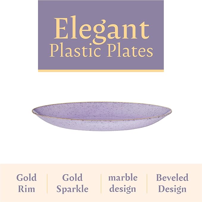 PLASTICPRO 30 Pack Disposable Plastic Plates Heavyweight Granite Look Elegant 7 inch Dinner Plates Purple with Gold Rim