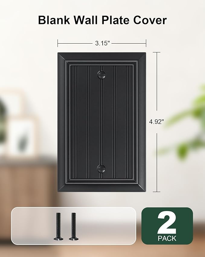 2-Pack Classic Beadboard Single Blank Wall Plate, Durable Natural Bamboo Fiber Wall Plate Cover,Matte Black 1 Gang Wall Plate for Unused Outlets/Switches