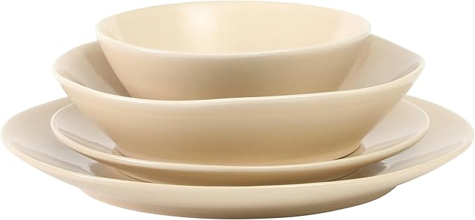 Bloomhouse - Two Time Oprah's Favorite Things Winner - Montecito Breeze 16 Piece (Service for 4) Double Plates and Bowls Stoneware Reactive Glaze Dinnerware Set - Marble Dawn Cream
