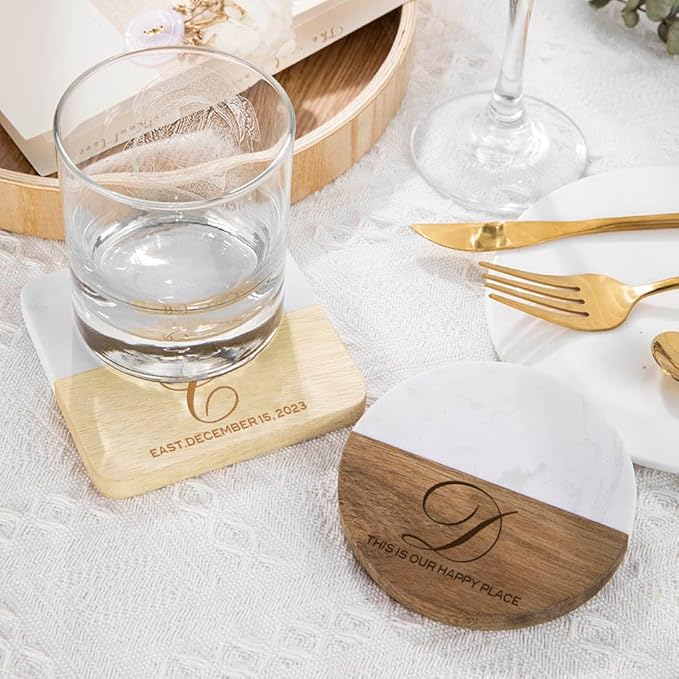 Personalized Glass Coaster Wood Marble Cup Coaster Custom Name and Text 4 Design Optional Gifts for Family