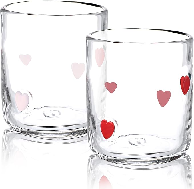 Icon Juice Glasses, 14oz Stemless Wine Drinking Juice Glass Cup for Valentine Party Supplies Gift(2 Pcs,Heart)