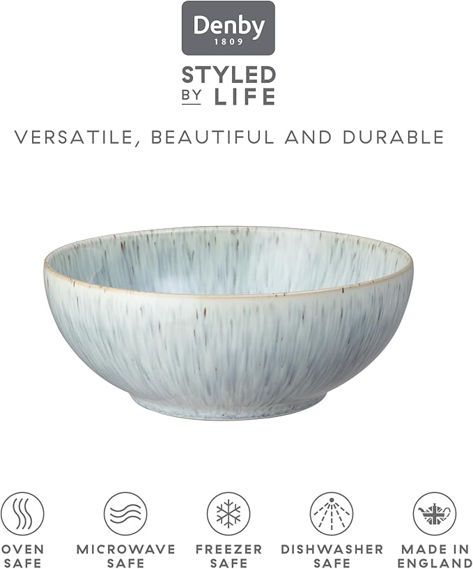 Denby - Halo Speckle Cereal Bowls Set of 6-27 Ounce Dishwasher Microwave Safe - Scratch Chip Resistant - Grey, Neutral, Blue Ceramic Stoneware Soup Bowls Tableware