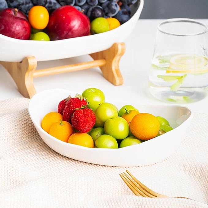 jessie 3 Tier Fruit Basket,Ceramic Large Capacity Tiered Fruit Basket Stand,Bamboo Fruit Serving Tray Snacks Nuts Bread Candy Storage Holder (White porcelain)