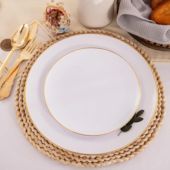 KIRE 60PCS Gold Plastic Plates - Thanksgiving Heavy Duty White Disposable Plates with Gold Rim for Party/Wedding- Include 30Pieces 10.25inch Dinner Plate and 30Pcs 7.5inch Dessert Plate