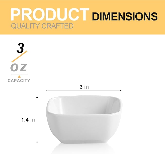 Ceramic Dipping Bowls Set of 6,3 Ounce Porcelain Small Mini Dip Bowl Square Soy Sauce Dish - Good for Tomato Sauce, Sushi Soy, BBQ,Charcuterie Board(White)