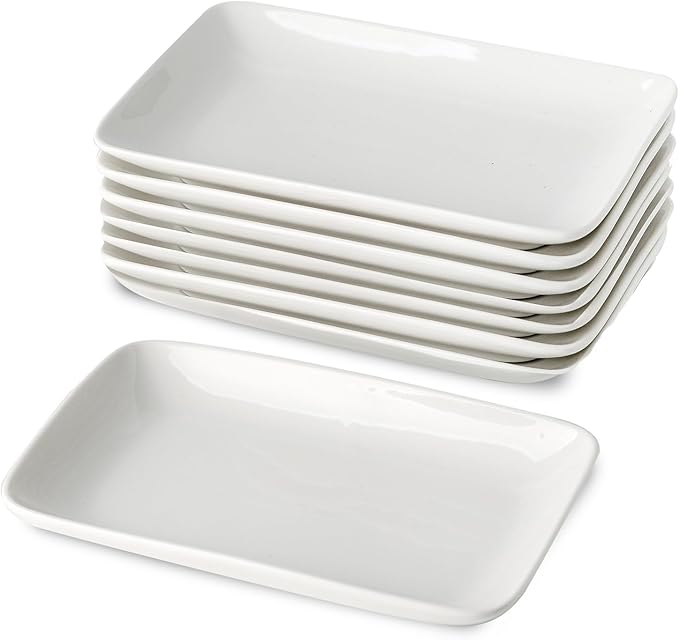 8 Inch Rectangular Appetizer Plates, Ceramic Dessert Plates, Salad Plates Set, Small White Serving Plates for Salad, Appetizer, Snack, Sushi, Microwave, Oven, Dishwasher Safe, Set of 8