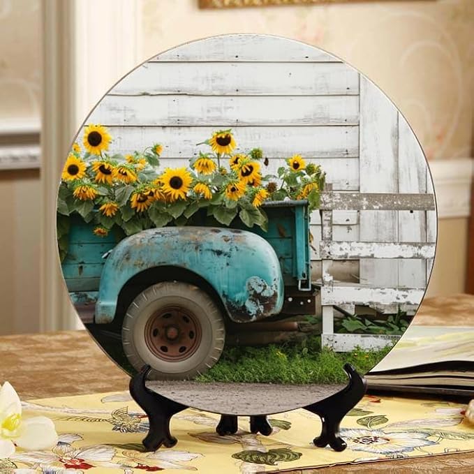Rustic Teal Truck Decorative Ceramic Plates 10 Inch with Display Stand Designed for Elegant Wall Hanging DP-304116832