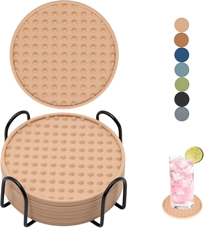 Set of 6 Silicone Coasters, 4'' Drink Coaster with Holder, Round Coasters for Drinks Beer Coffee Home Office Bar Desk Tabletop Protection, Non-Slip Rubber Coaster (Pink, 6 Pcs-Metal Holder)