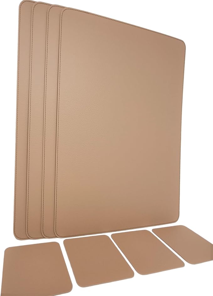 Nikalaz Set of 4 Placemats and 4 Coasters Made of Recycled Leather (18''x13'', Light Camel)