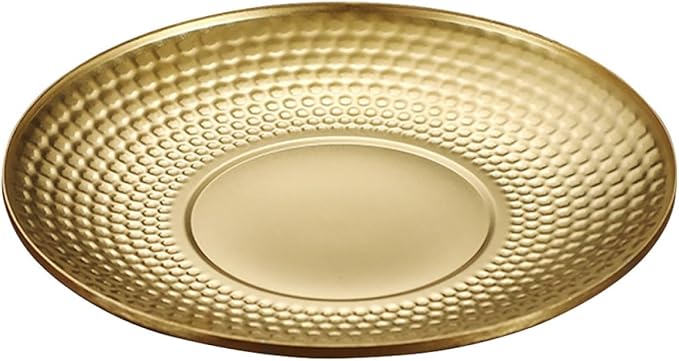 BESPORTBLE Creative Hammer Textured Stainless Steel Fruit Serving Tray Round Dinner Plate for Outdoor Camping and Indoor Use, Vintage Gold Diamond Pattern