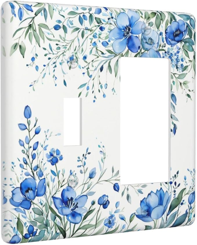 Light Switch Cover Blue Watercolor Flowers Retro Floral Leaves 2 Gang Toggle Rocker Combo Socket Cover Wall Plates Decorative Switch Plates and Outlet Covers for Bathroom Bedroom Decor