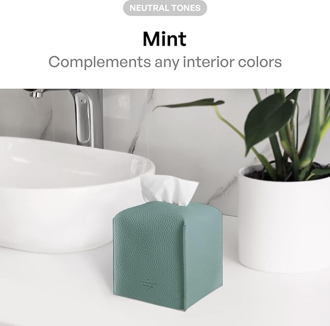 Carrotez Tissue Box Cover, [Refined] Modern PU Leather Square Tissue Box Holder - Decorative Holder/Organizer for Bathroom Vanity Countertop, Night Stands, Office Desk & Car 5"X5"X5" - Mint