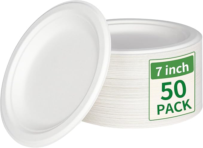 Aricsen 50 Pack 7 Inch Compostable Disposable Round Paper Plates, Natural White Biodegradable Sugarcane Bagasse PFAS-Free Eco-Friendly Dinner Plates for Party Wedding Picnic BBQ (50, 7 INCH)