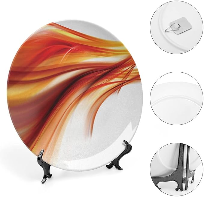 Ceramic Display Plate, Abstract Ceramic Hanging Decorative Plate, Modern Smooth Lines Blurred Smock Art, 10 Inch, Living Room Kitchen Decoration Household, Orange Red