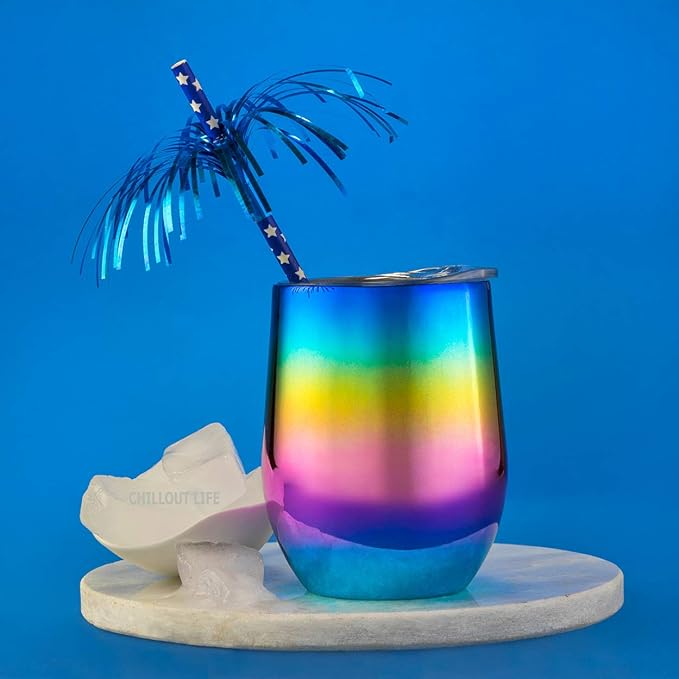 CHILLOUT LIFE 12 oz Stainless Steel Wine Tumbler with Lid - Double Wall Vacuum Insulated Wine Cup Glass Keeping Cold & Hot for Coffee, Champagne, Cocktails, Ice Cream - Colorful Rainbow