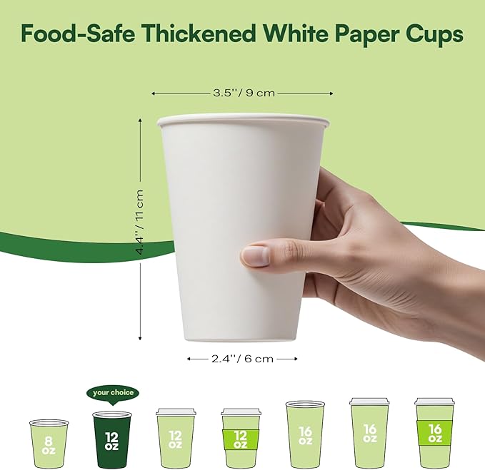 White Paper Cups 12 oz Disposable Coffee Cups, 300 Pack BPA Free Leak Proof Hot Cups, 300GSM Thickened Disposable Cups,Unbleached Hot Cold Drink Cups for Everyday Home Office Coffee Bar Party Supplies