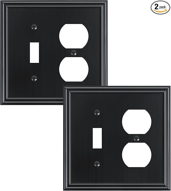 2-Pack Combo Toggle/Duplex Light Switch Cover Plate, Black Wall Outlet Cover Plate, Decorative Wall Receptacle Cover for Electrical Outlets, Light Switch, Durable Solid Zinc Alloy