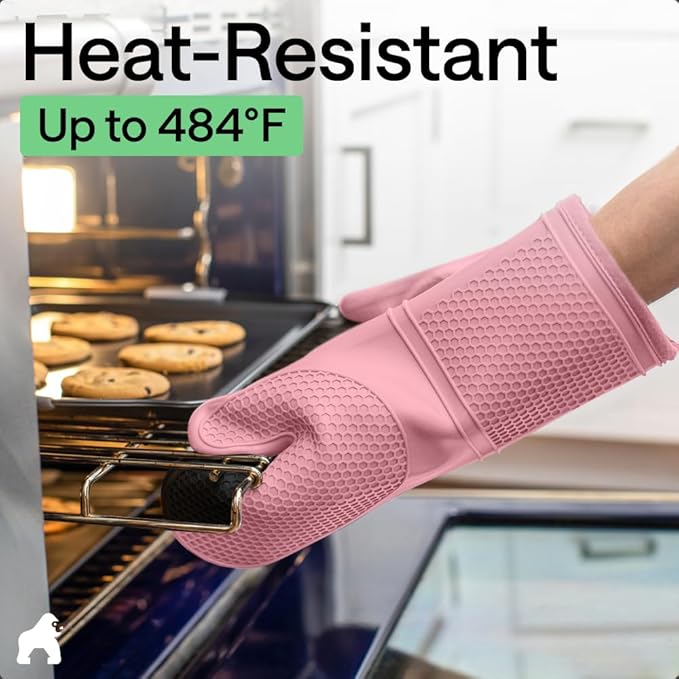 GORILLA GRIP BPA-Free Soft Silicone Oven Mitts, Heat Resistant and Waterproof Cooking Gloves, Thick Cotton Lining, Flexible Gripping for Baking Grilling, Kitchen Potholders Set of 2, 12.5x8.3, Pink