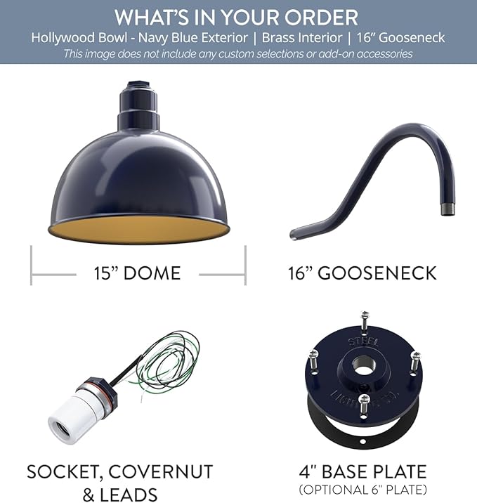 Steel Lighting Co. Hollywood Bowl Light | Outdoor Wall Mounted | 15 inch Bowl Dome | 16" Gooseneck | Barn Light Made in America | Navy Blue Exterior/Brass Interior