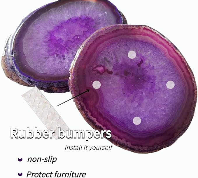 Crystal Cup Mats for Drinks Agate Geode Coaster Set of 4 with Rubber Bumpers 3-4'' Purple Sliced Cup Coaster for Family Bar Party Home Decoration Gift