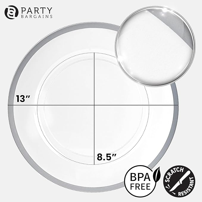 PARTY BARGAINS 13-Inch Charger Plates - 8 Pack, Clear Silver Rim, Heavy-Duty Disposable Chargers for Elegant Dining - Ideal for Weddings and Formal Events