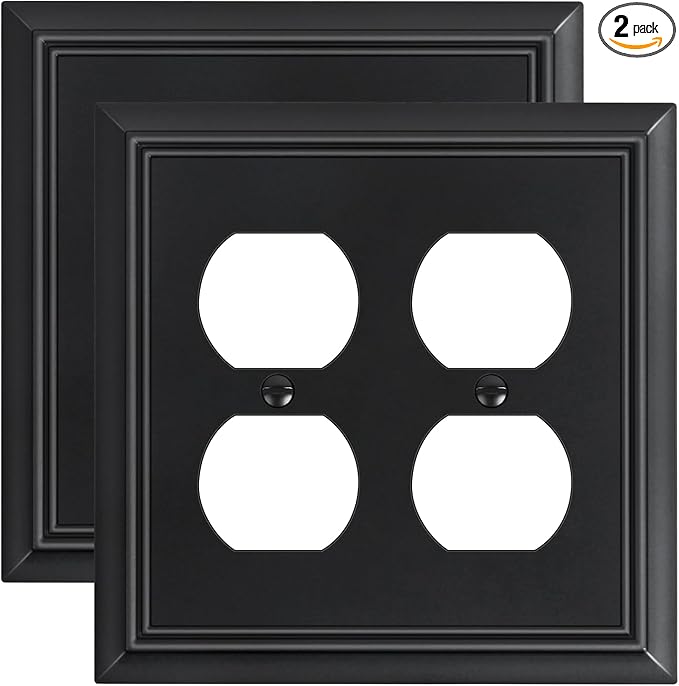 2-Pack Double Duplex Outlet Cover, Matte Black Decorative Switch Plates and Outlet Covers for Electrical Outlets, Durable Natural Bamboo Fiber Wall Plates, 2 Gang Receptacle Cover