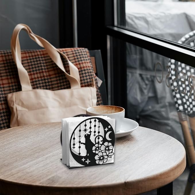 Cat Moon Decorative Black Metal Napkin Holder for Table, 4.9" x 4.9" x 2" Kitty Flower Standing Napkin Holder for Home Kitchen Restaurant Picnic Party Coffee Bar Dining Room