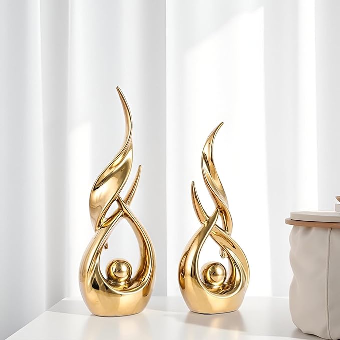 XMGZQ Gold Ceramic Abstract 2 Piece Statue Set,Mid Century Modern Abstract Art Home Decor Statue Mantelpiece on Unique Shelf Decor, TV Cabinet Divider Table top and Dining Table Centerpiece (Gold)